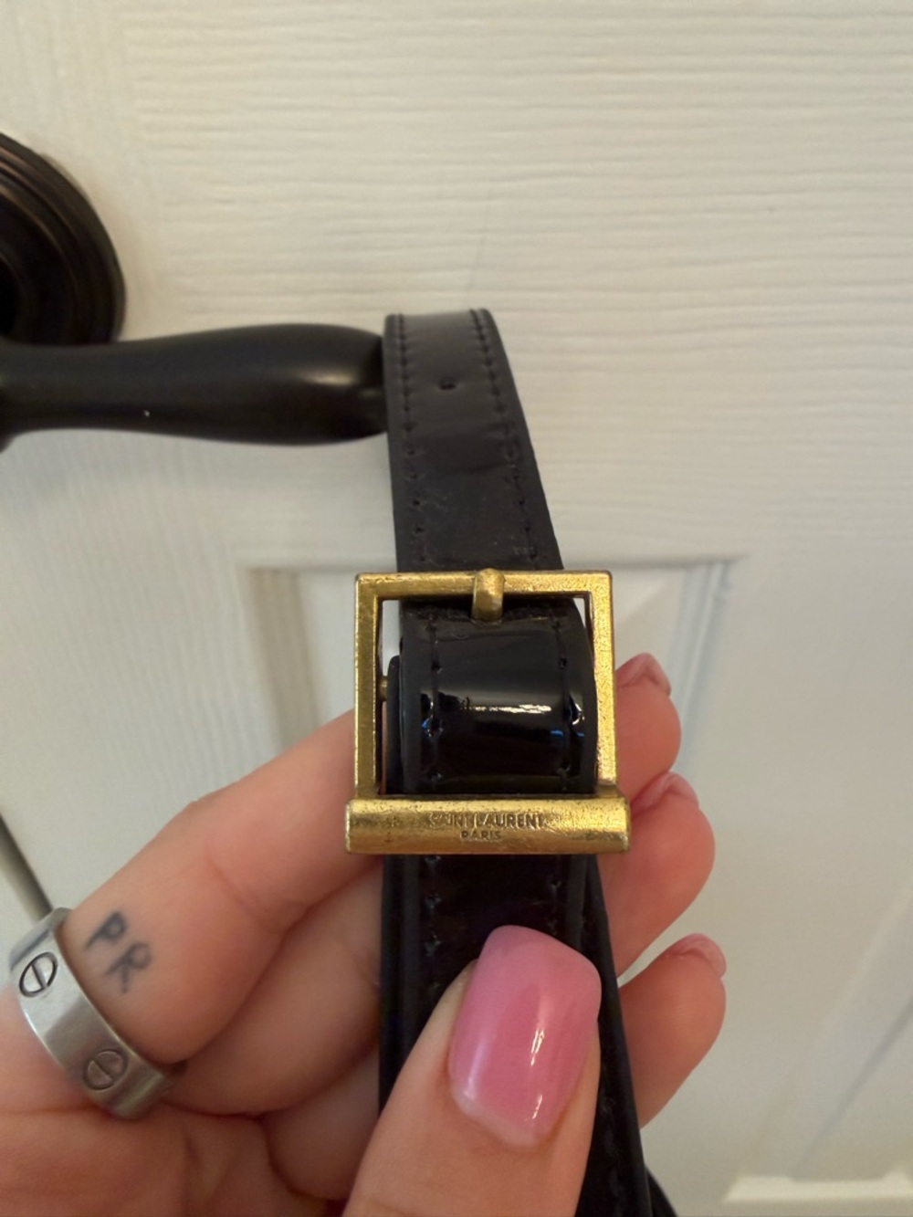 Black Patent Shoulder Bag with Gold Logo - Picture 4 of 4